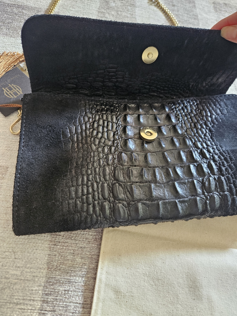 NEW House of Harlow 1960 Black 100% Real Italian Leather Croc Chain Clutch Purse - Picture 8 of 9